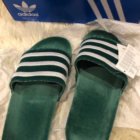 green velvet adidas slides